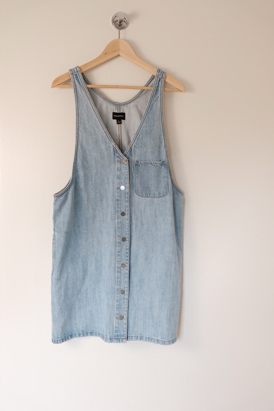 Frank & Oak Denim Pinafore Mini Dress Size L Organic Cotton Prairie Cottagecore